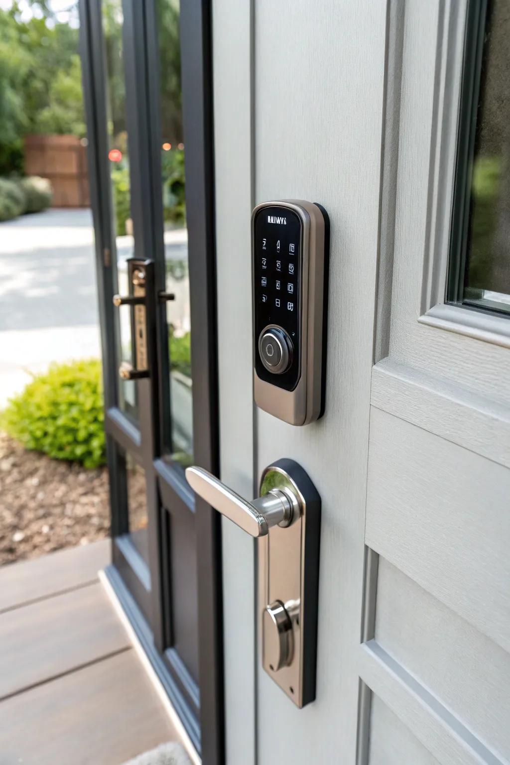 A smart lock complements a modern front door with its sleek design and keyless entry capabilities.