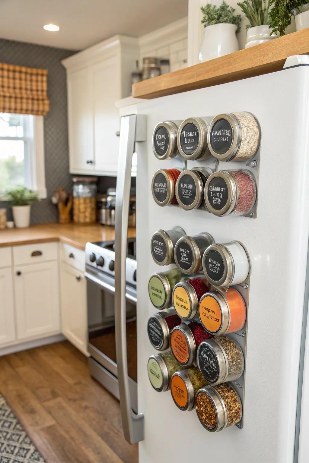 Magnetic spice racks for a modern touch.