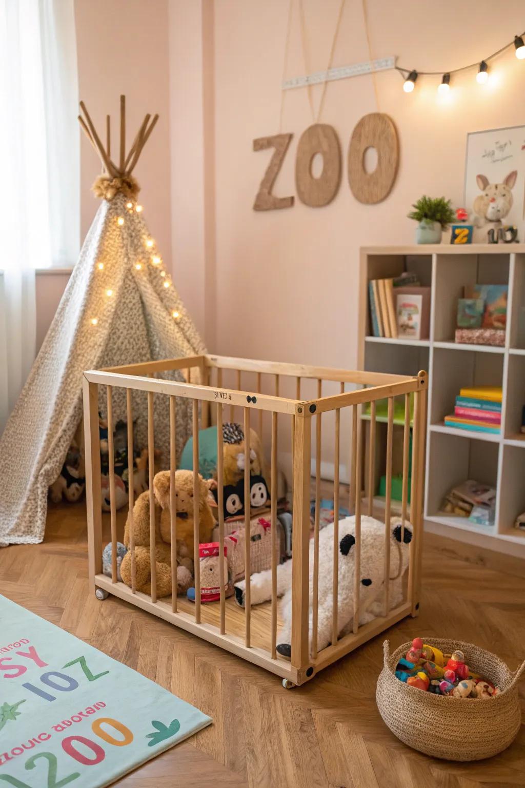 A creative 'zoo' adds a unique flair to stuffed animal storage.