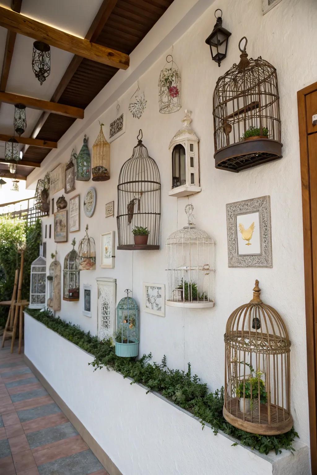 An eclectic wall display using multiple bird cages.