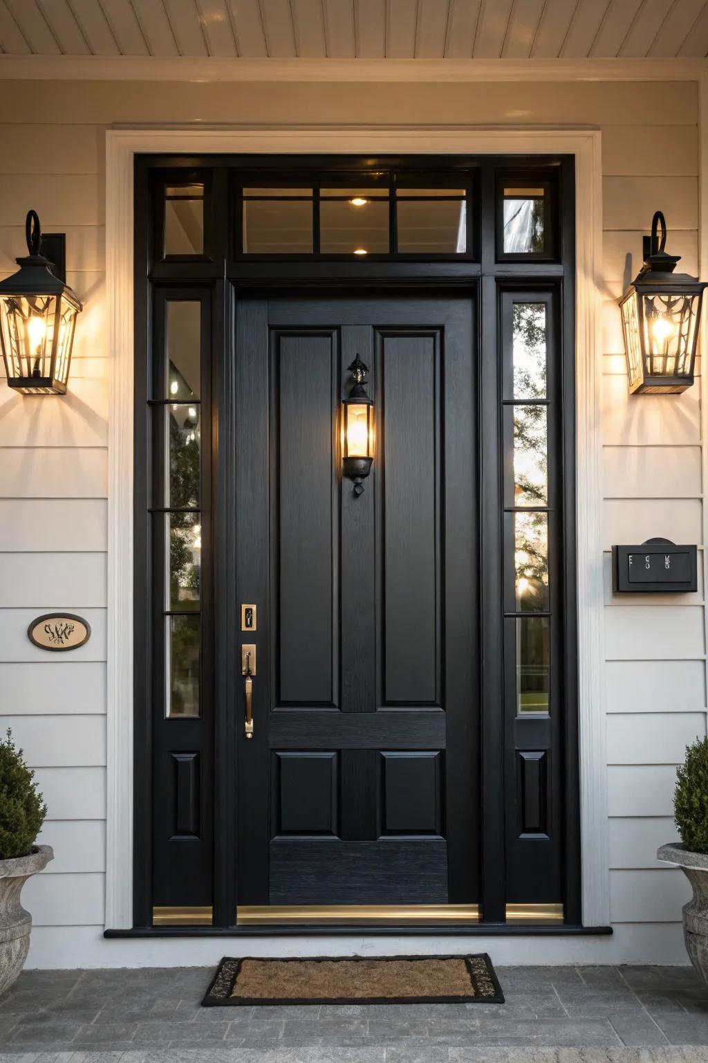 A black door dramatically illuminated by stylish lighting fixtures.