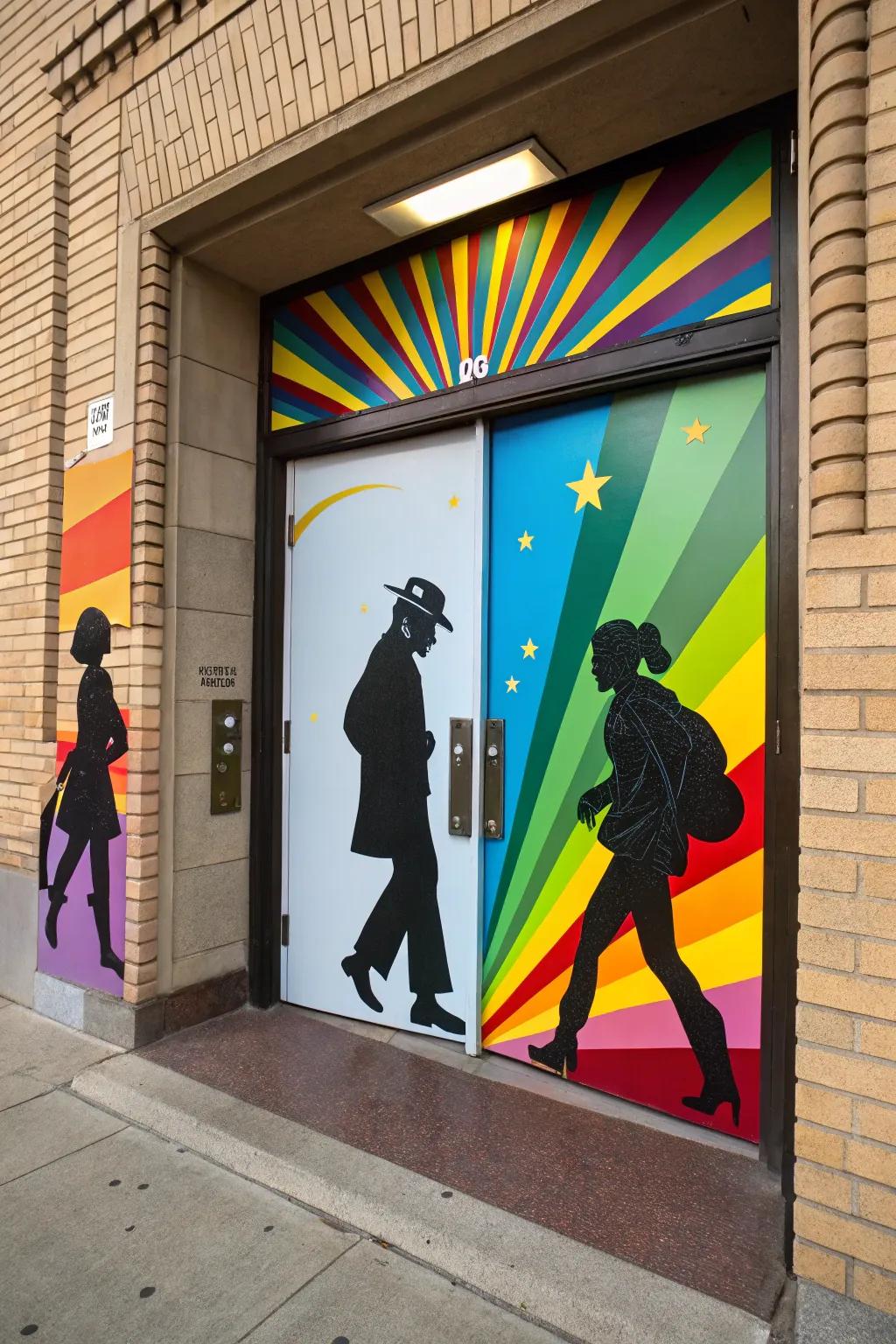 A door showcasing silhouette art of iconic Black figures.