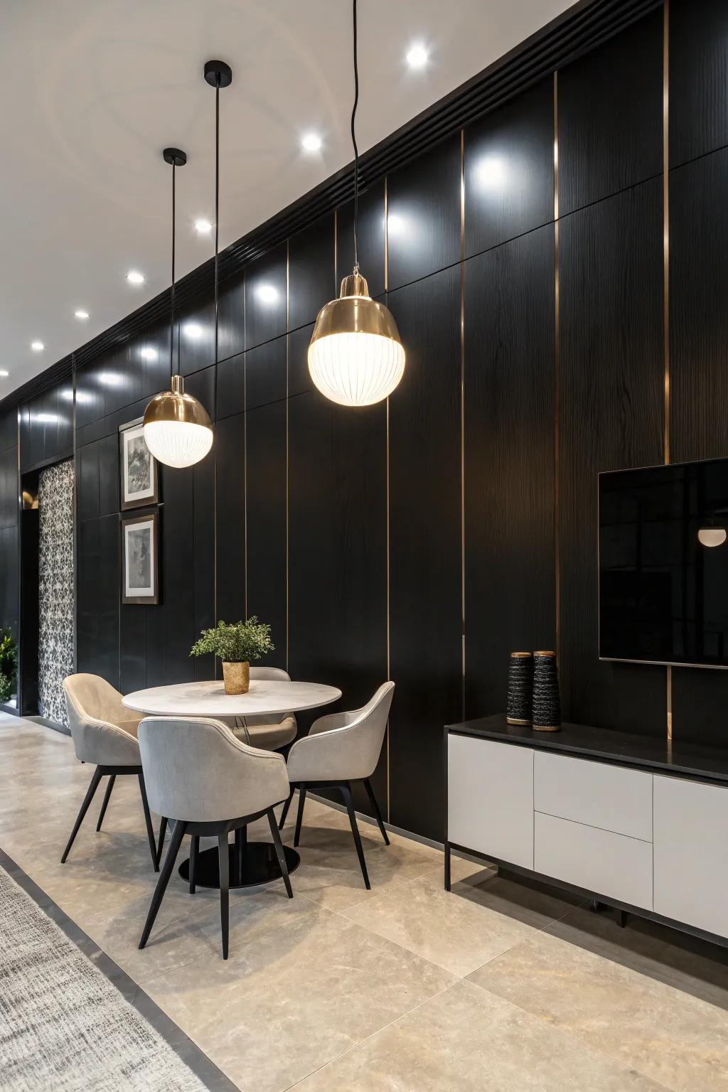 Pendant lights highlighting a black wall.