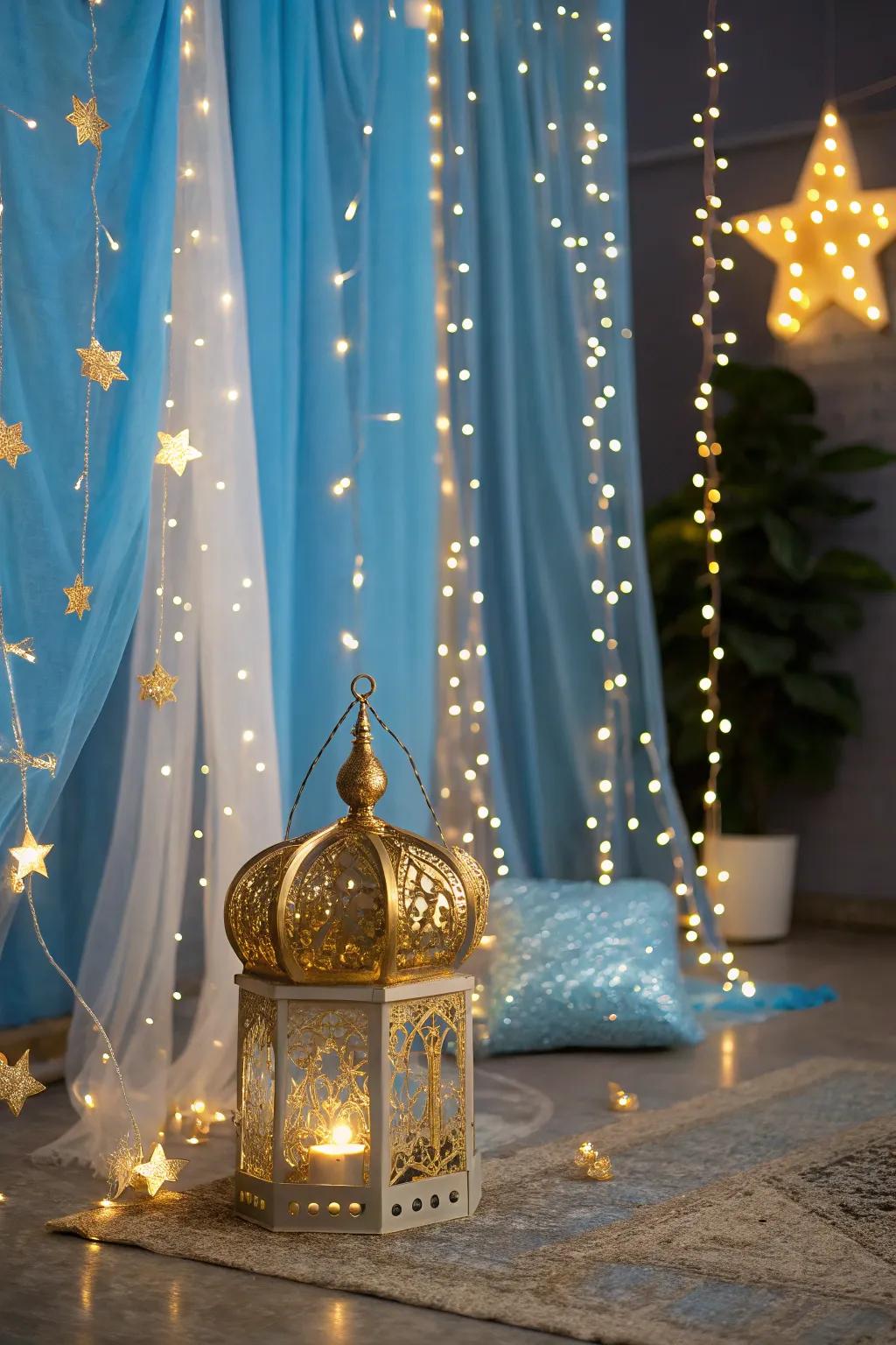 Enchant with pixie lights in your blue and gold setting.