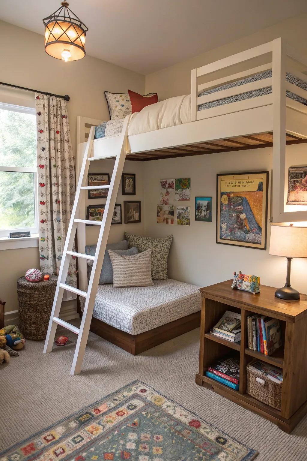 Bunk and loft beds maximize space and add a playful element.