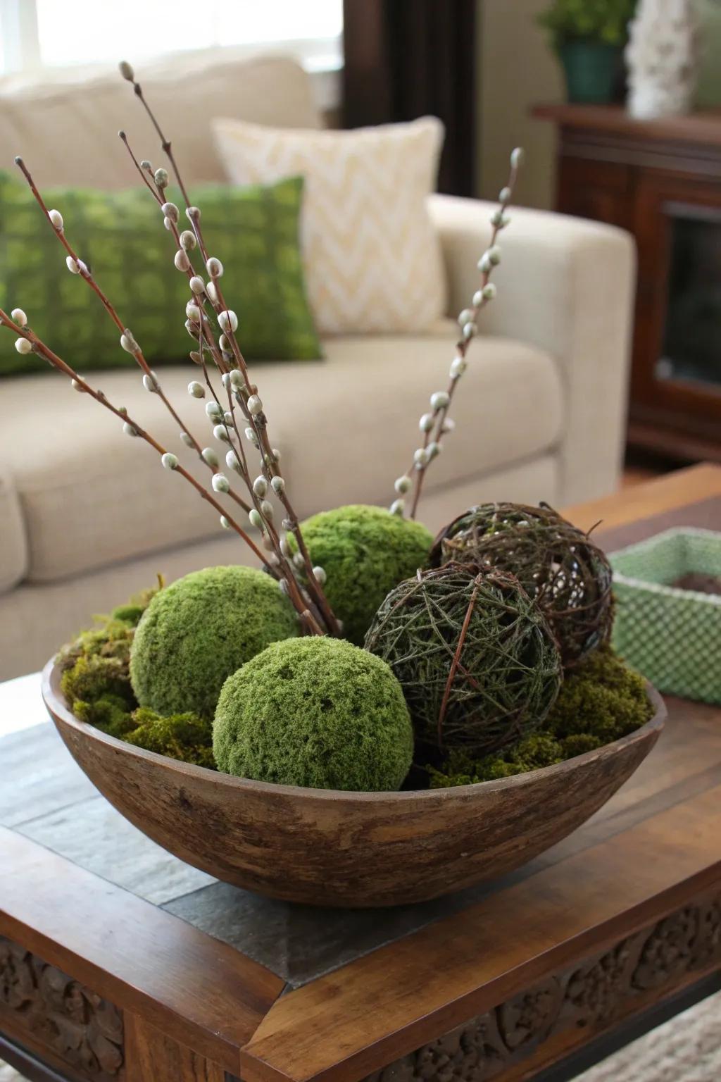 Earthy tones with moss and willow spheres