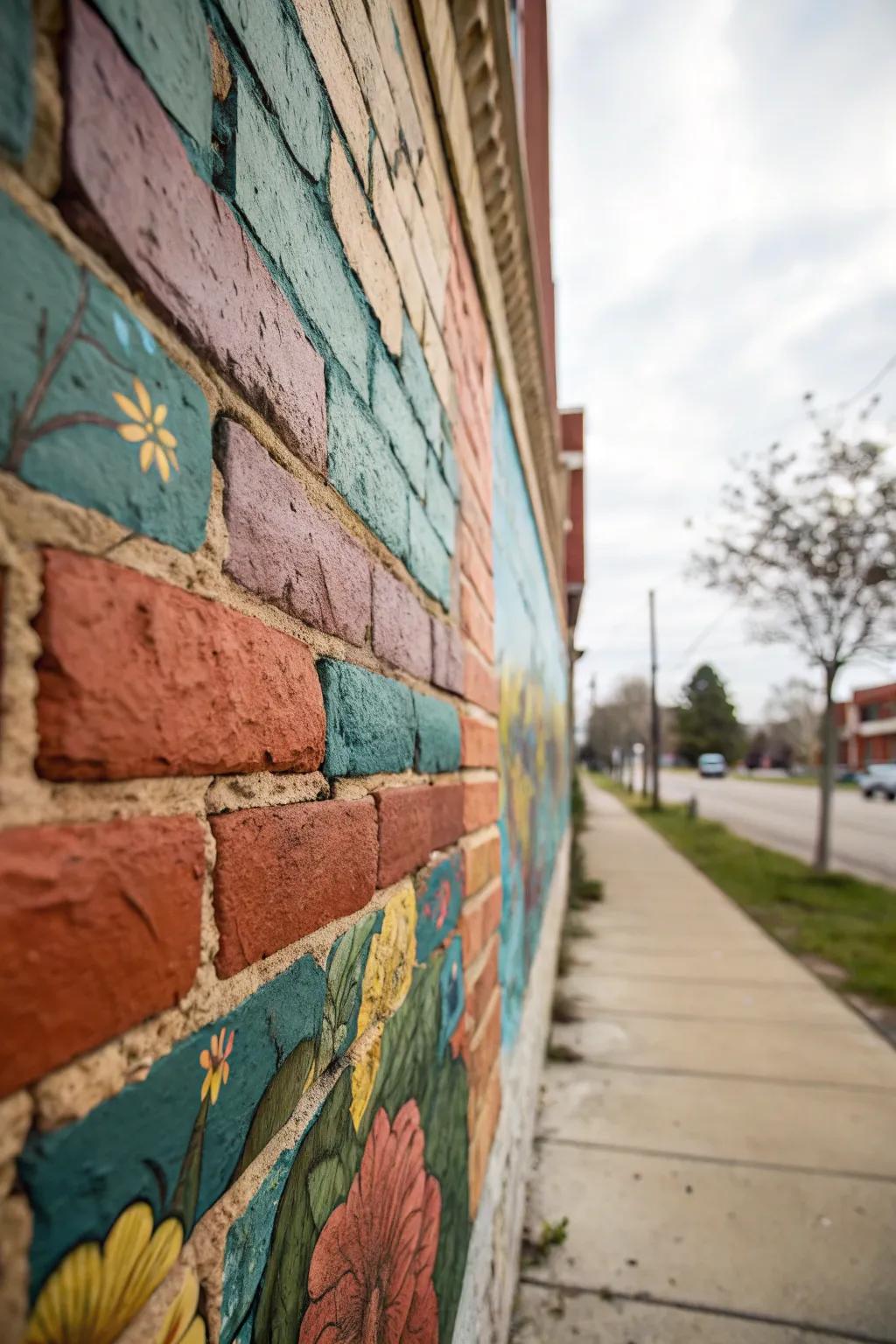 Textured mural blends painted and natural brick elements.