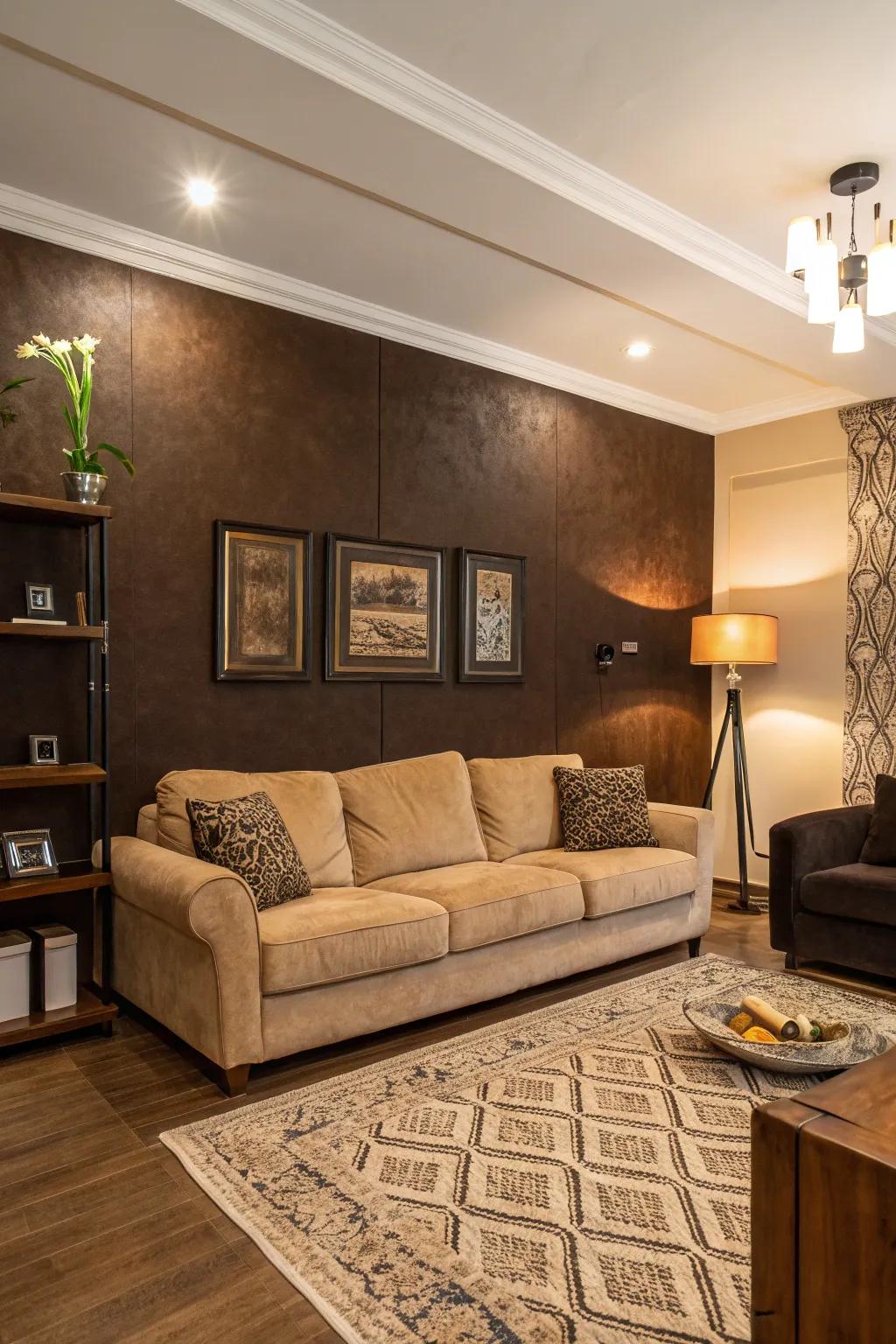 A bold brown accent wall acts as a striking focal point.