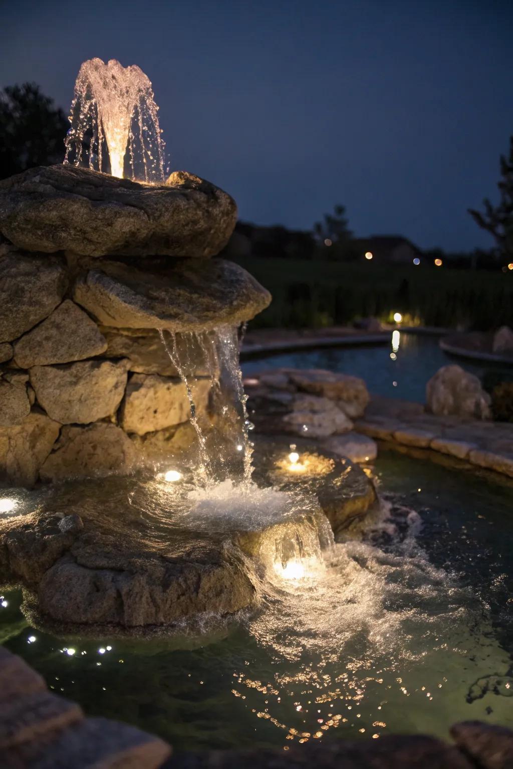 Lighting transforms this fountain into a captivating night feature.