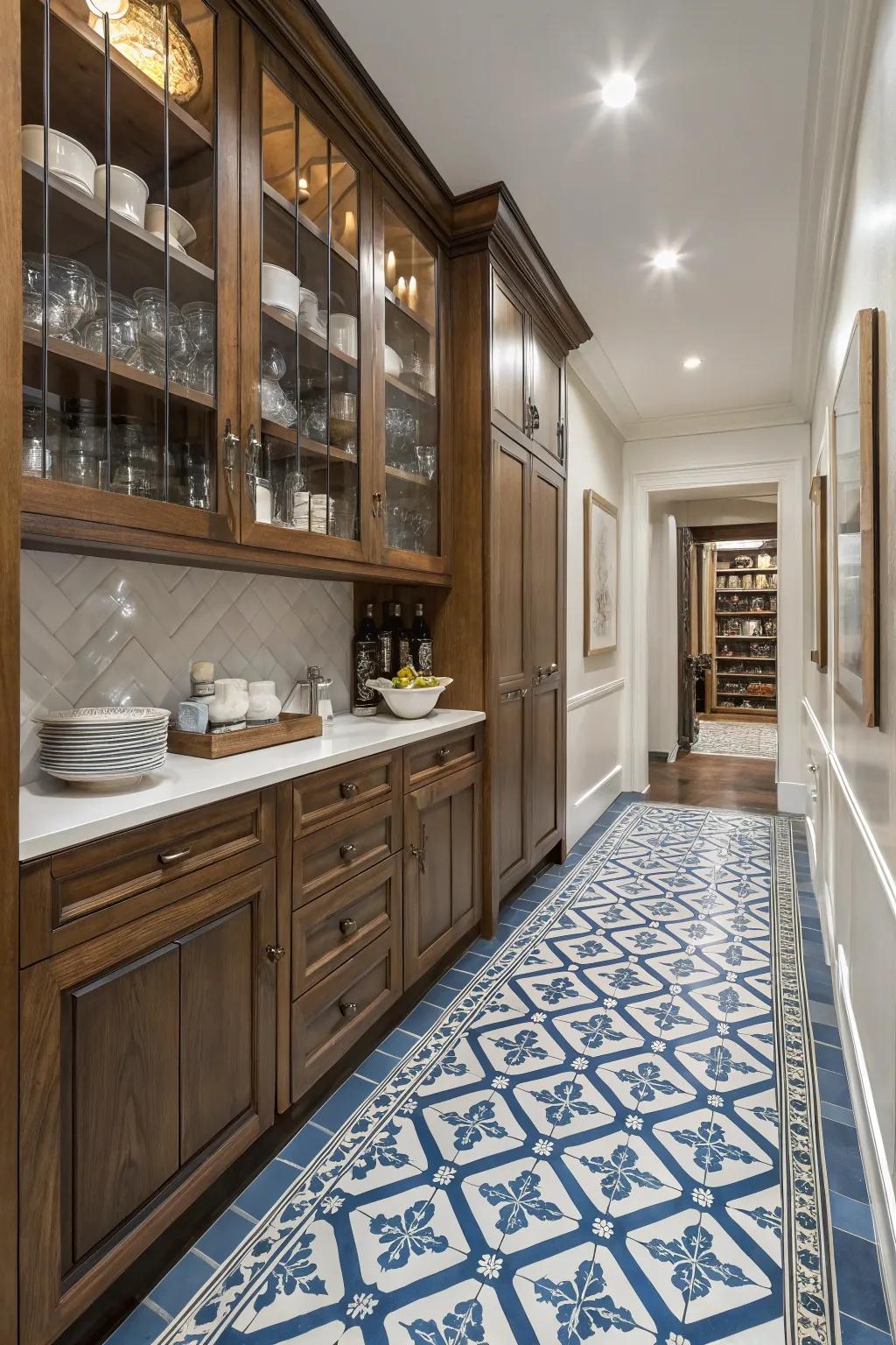 Patterned tiles bring personality to this pantry's floor.