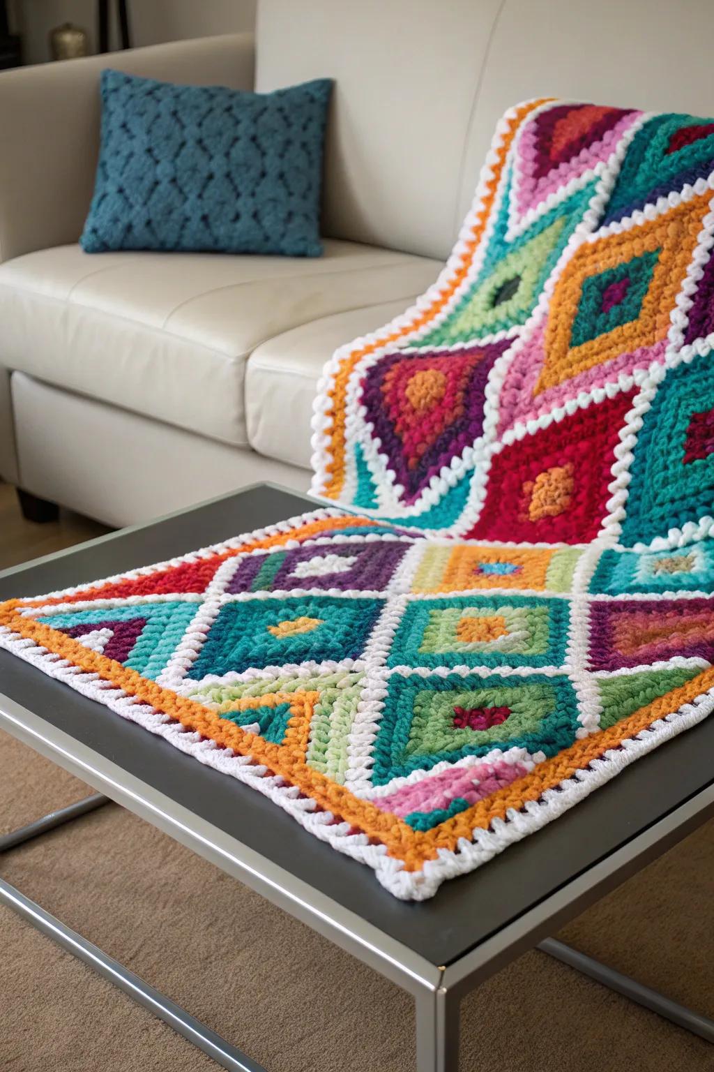 Geometric patterns bring a contemporary flair to this crochet piece.