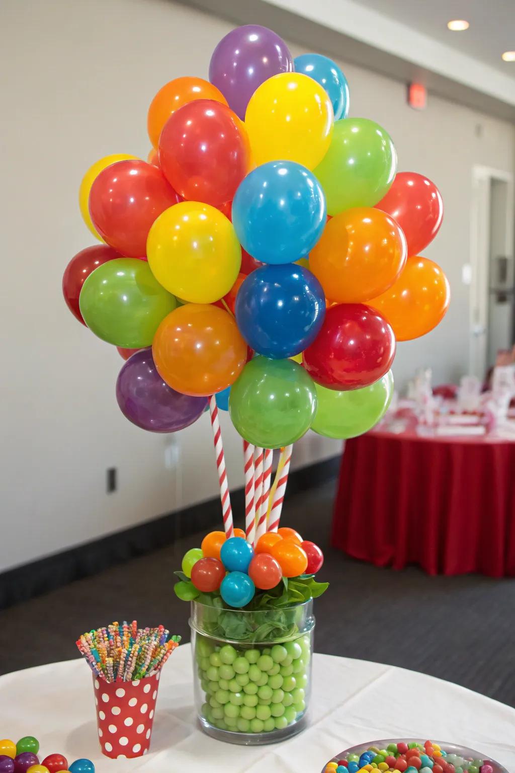 A candy-shaped balloon bouquet adds height and playfulness.