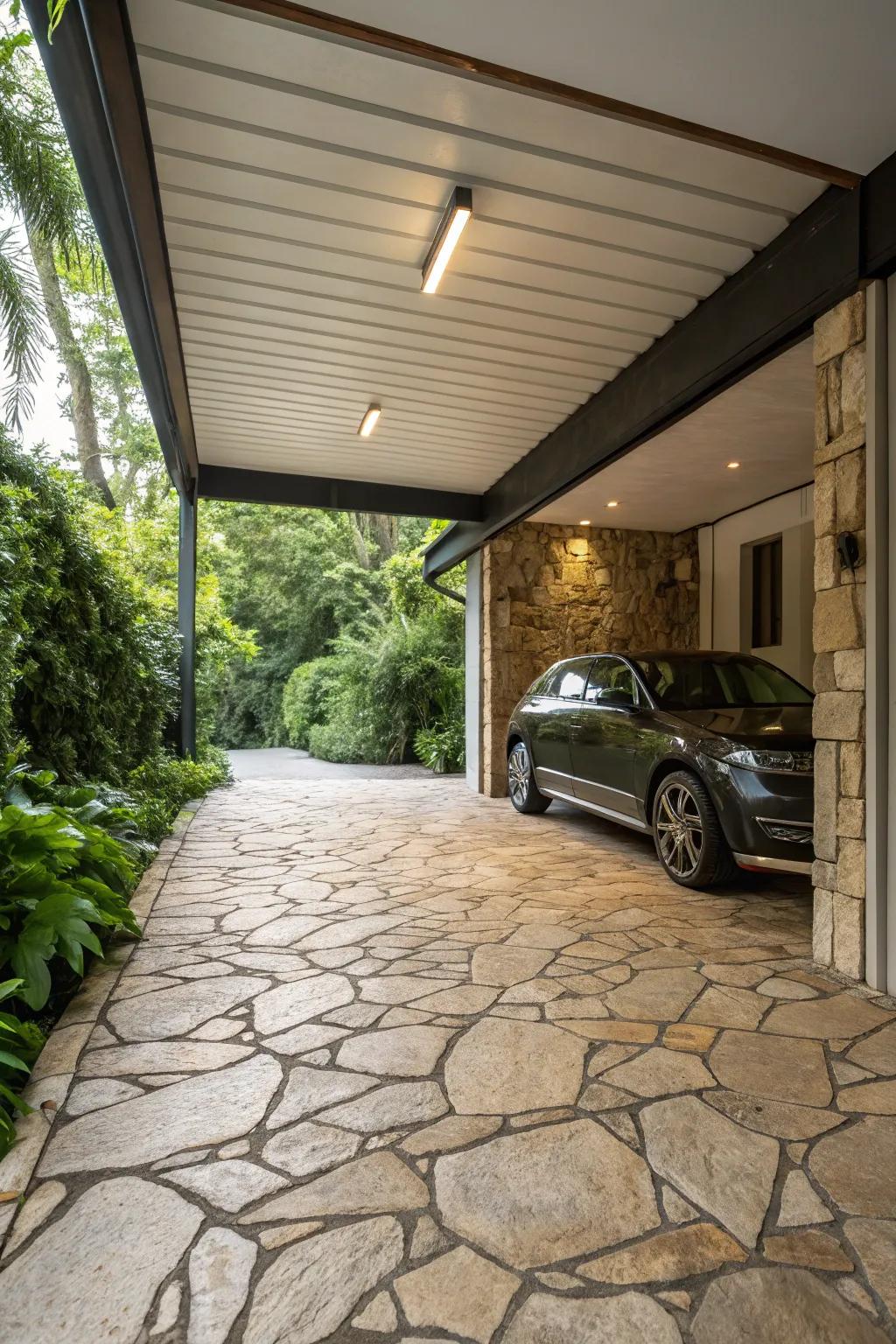 Stone pavers create a natural, harmonious carport setting.