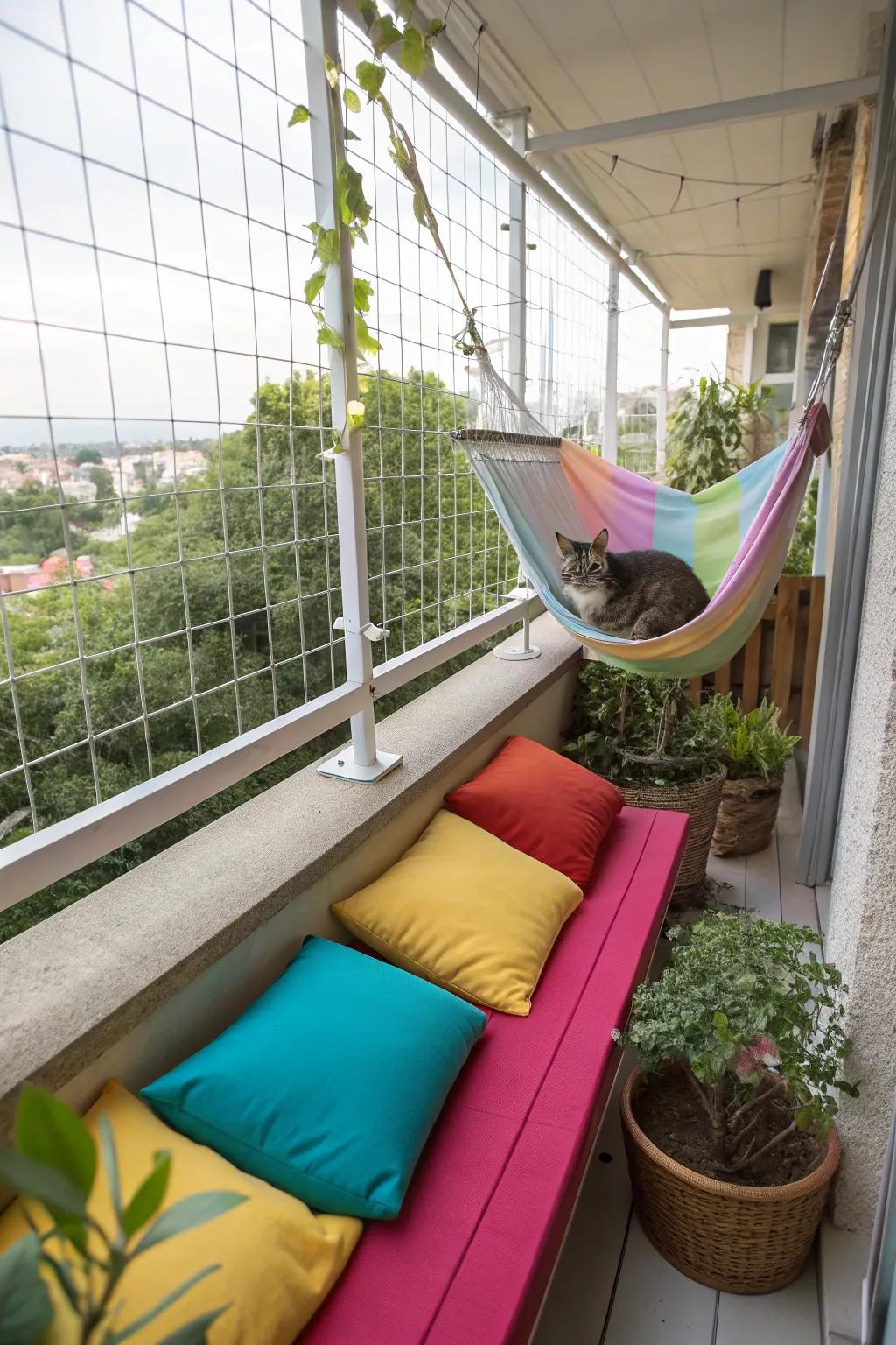 Comfort items like cushions and hammocks complete a cozy catio.