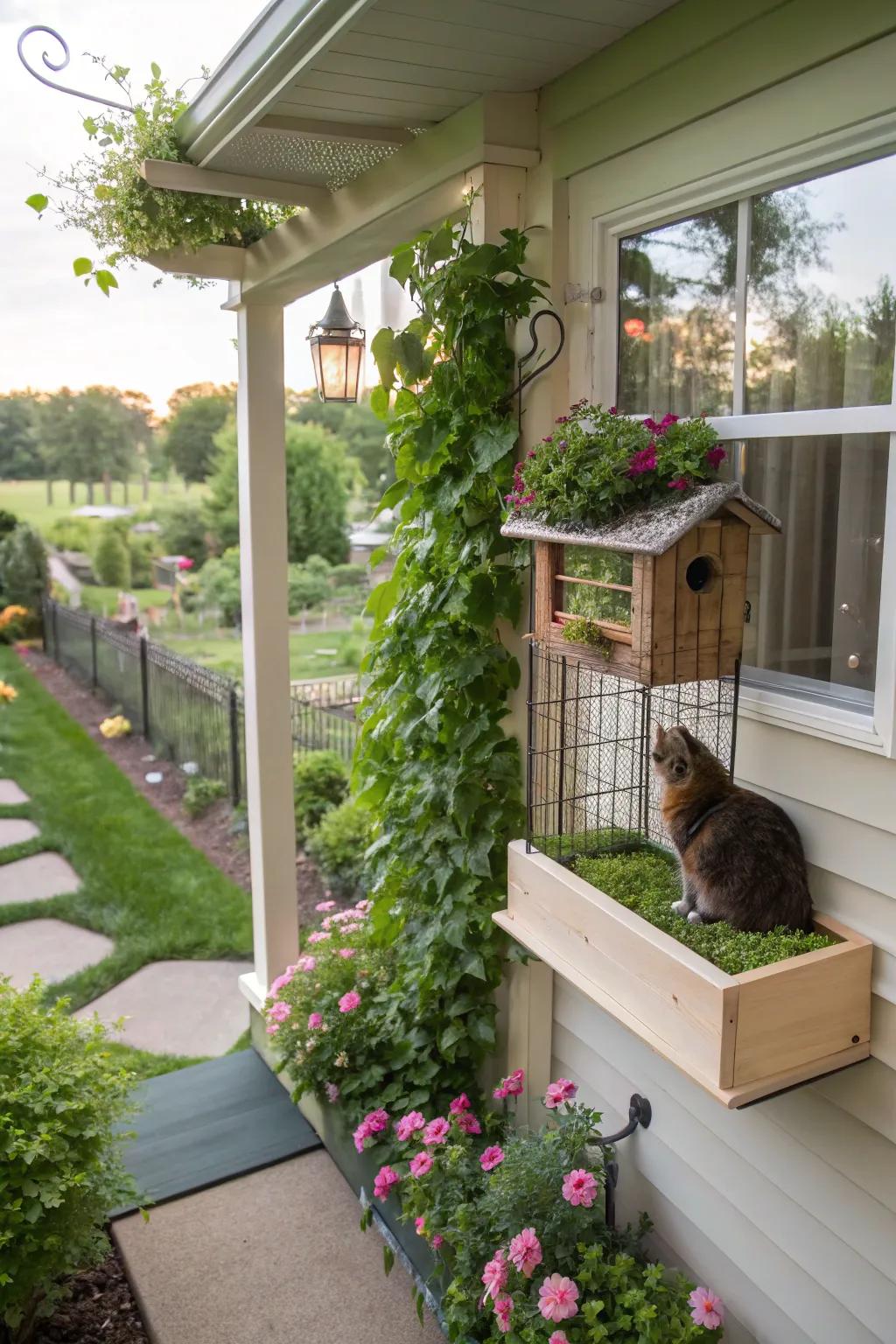 A window box catio offering a safe outdoor experience for indoor cats.