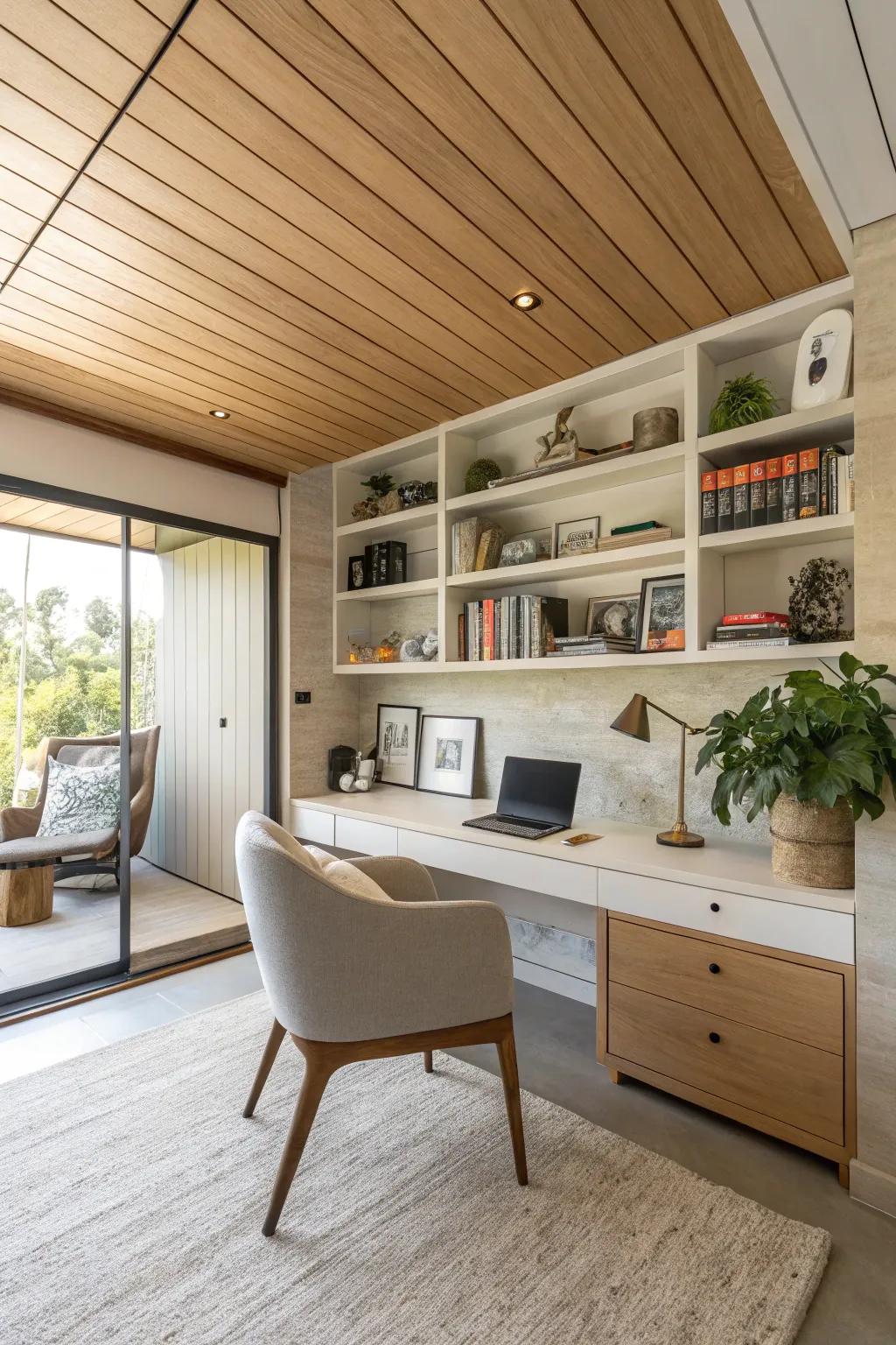 Embrace warmth with natural wood panels on your ceiling.