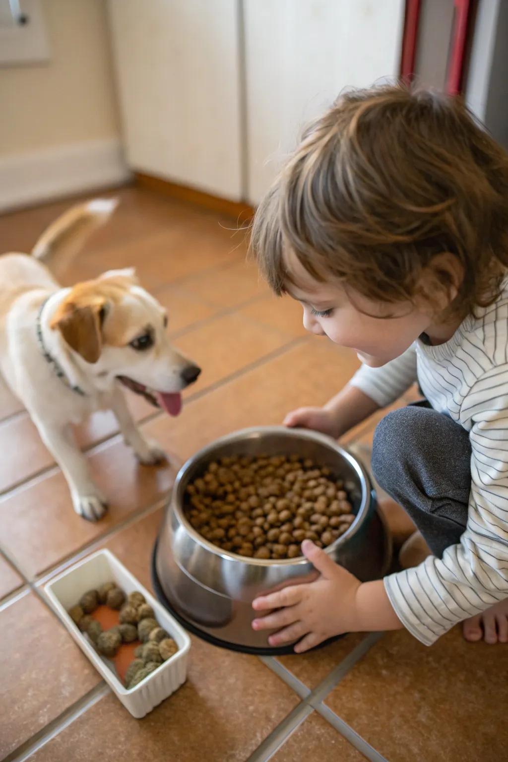 A child feeding their pet, fostering a bond of care.