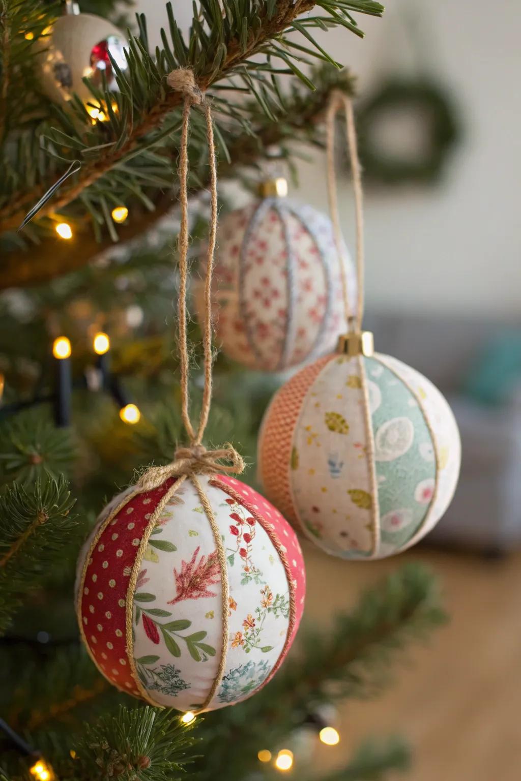 Fabric and twine create a cozy, rustic feel for your ornaments.