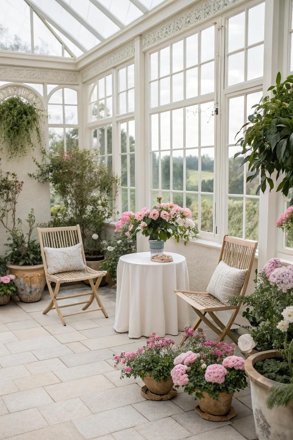 A calming conservatory decorated in soft, neutral tones.