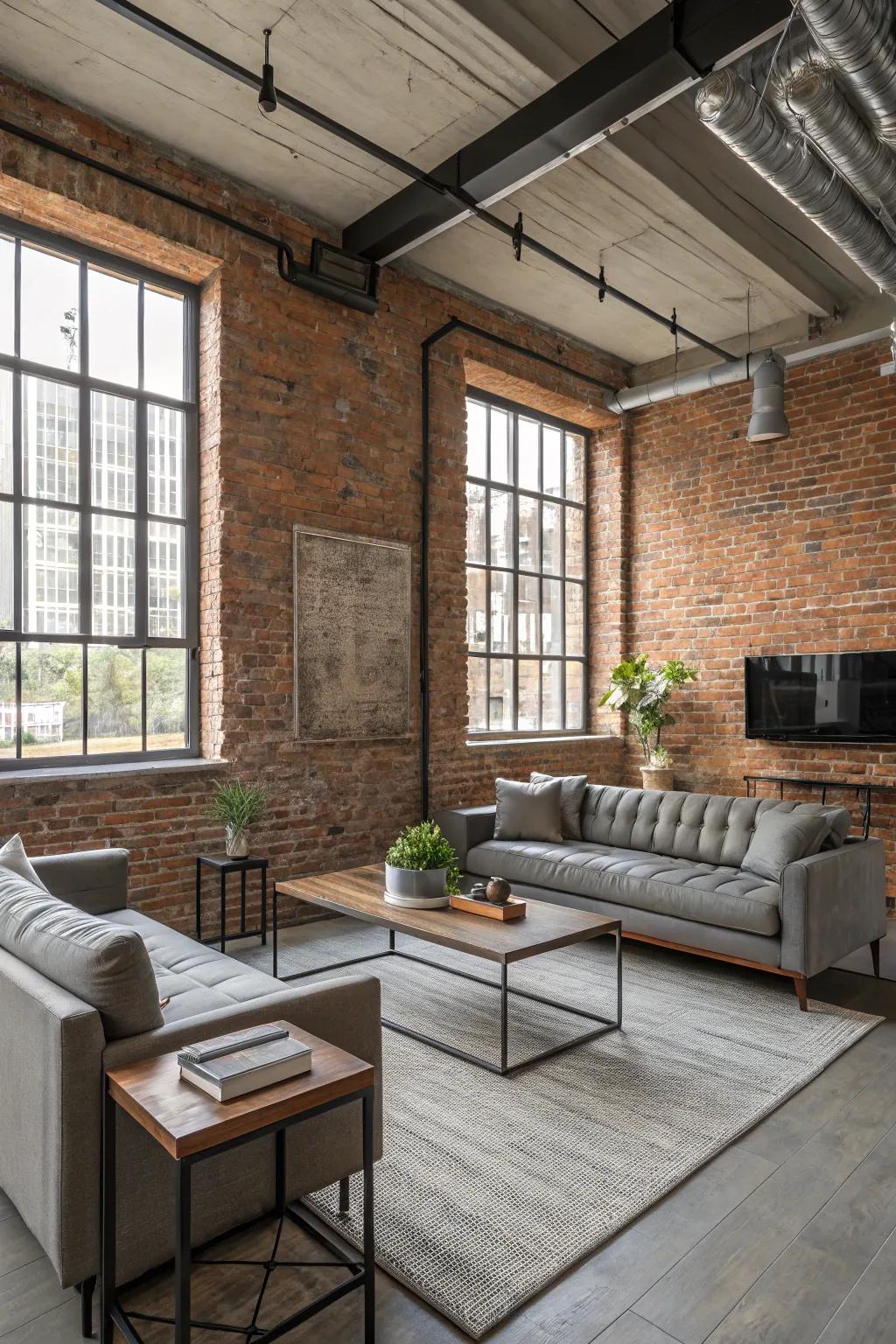 An industrial-chic content wall with exposed brick