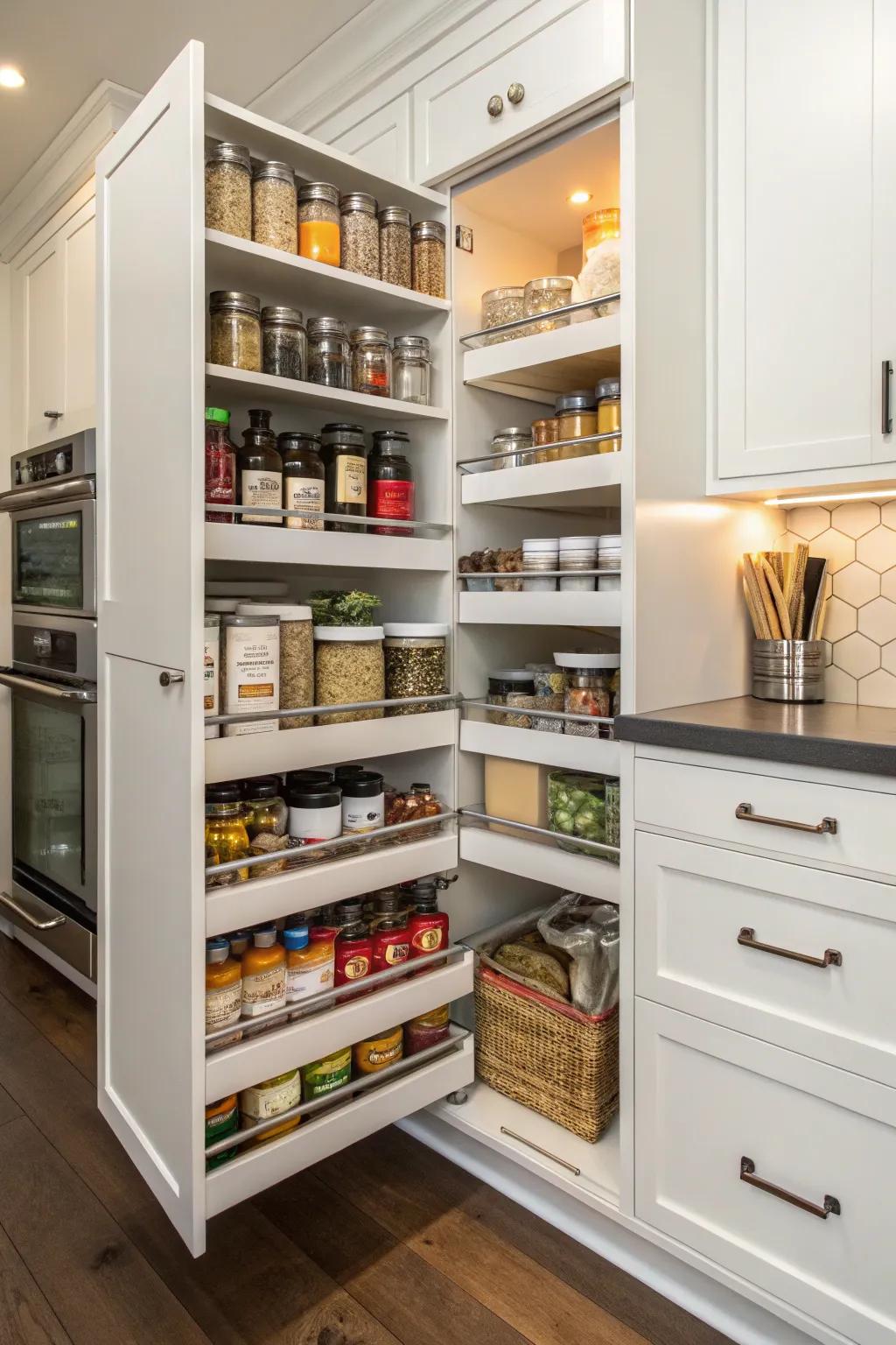 Corner pantry with pull-out drawers for easy access.