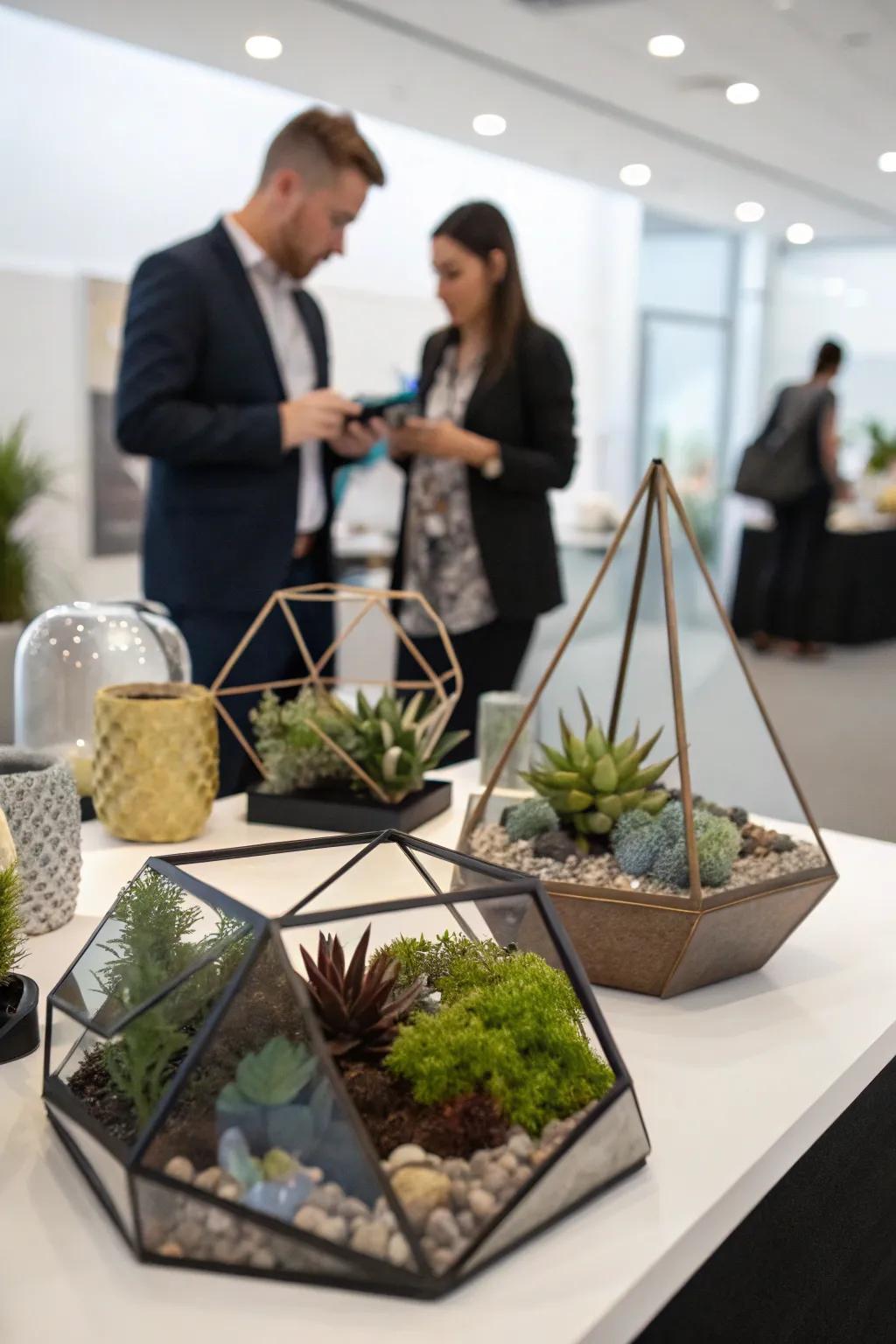 Modern geometric centerpieces on a corporate table.