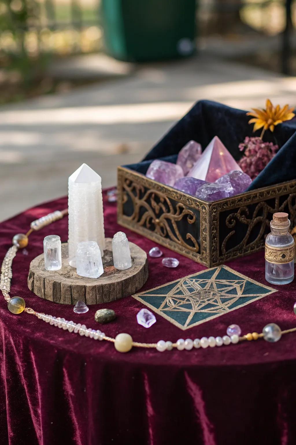 Vibrant fabrics add depth to this crystal altar.