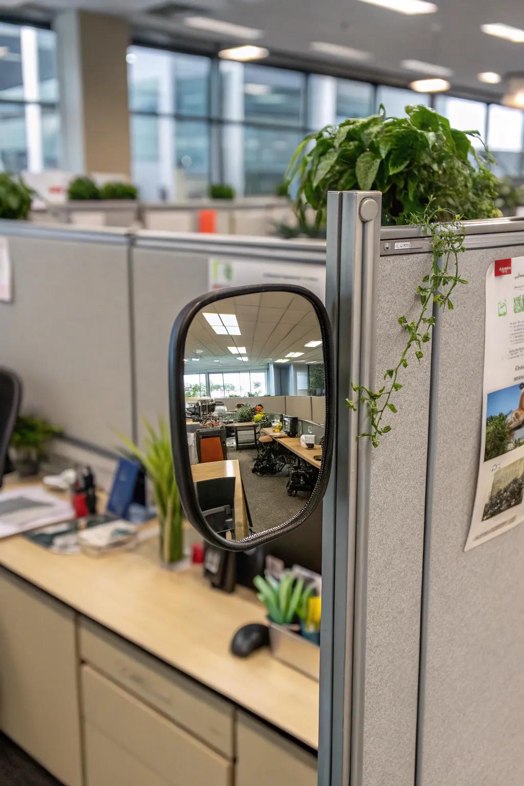 A magnetic mirror offers flexibility and style on metal surfaces in the cubicle.