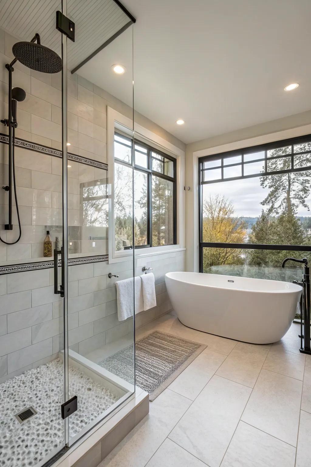 A freestanding tub complements the luxurious feel of this curbless shower.