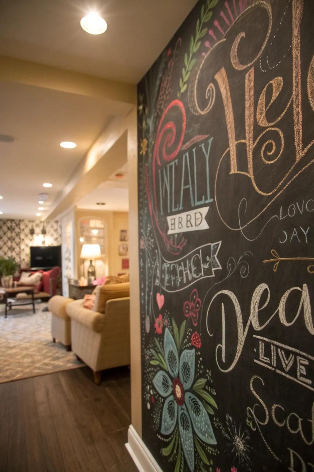 A bold and inspiring chalkboard wall in the living room.