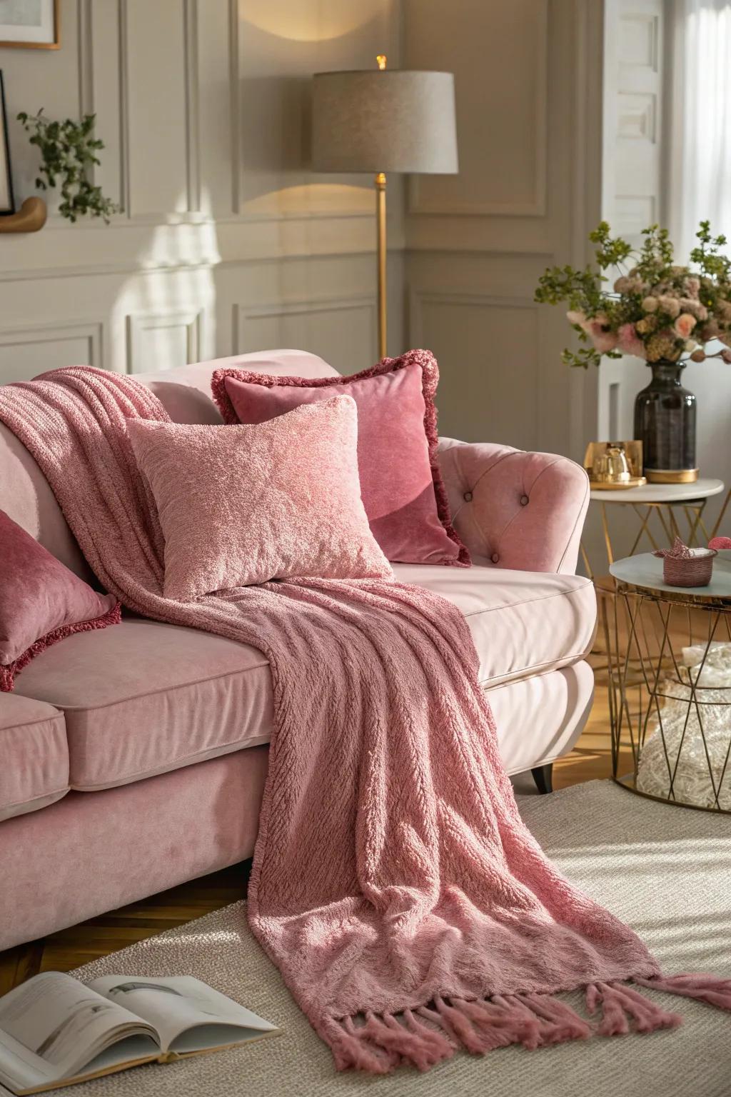 Deluxe rose textures bring heat and elegance to the lounge.