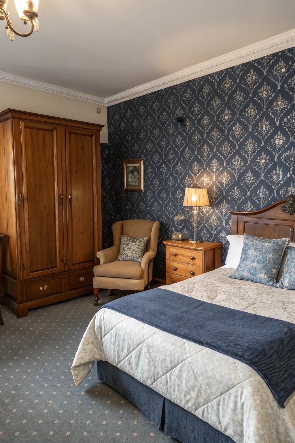 Create a nostalgic atmosphere with vintage dark blue wallpaper.