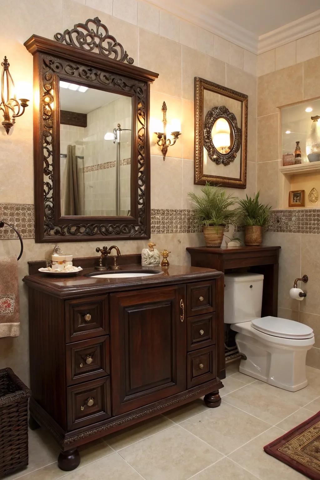 Decorative accents add personality to this dark wood-themed bathroom.