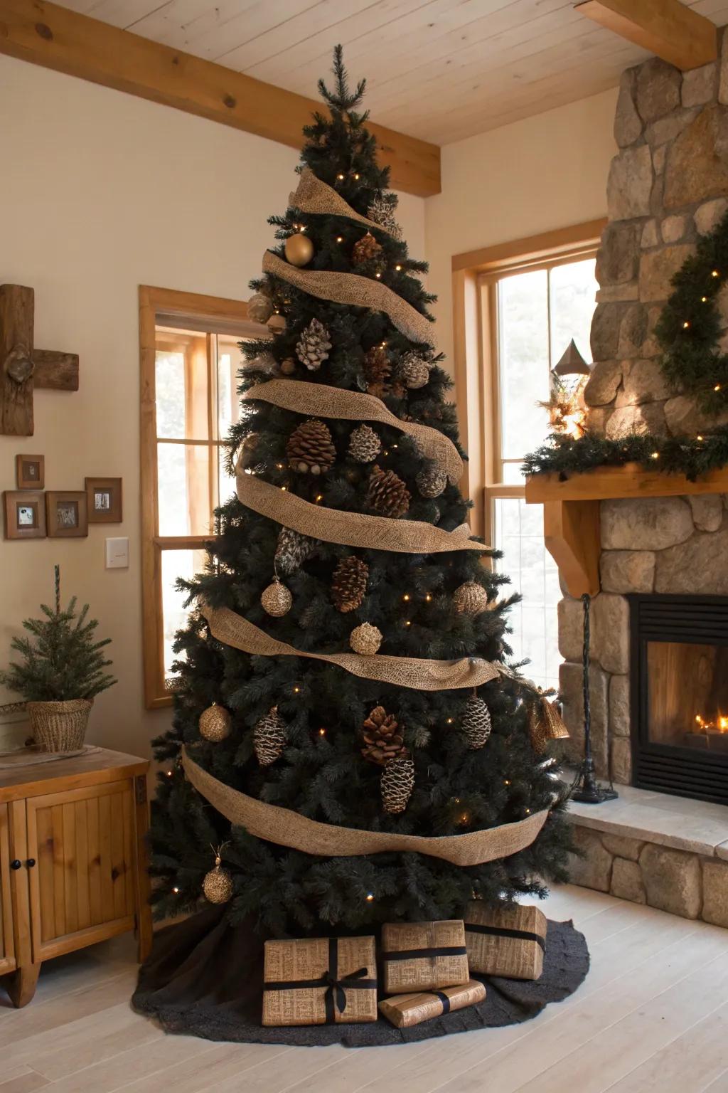 A black Christmas tree with rustic natural elements.