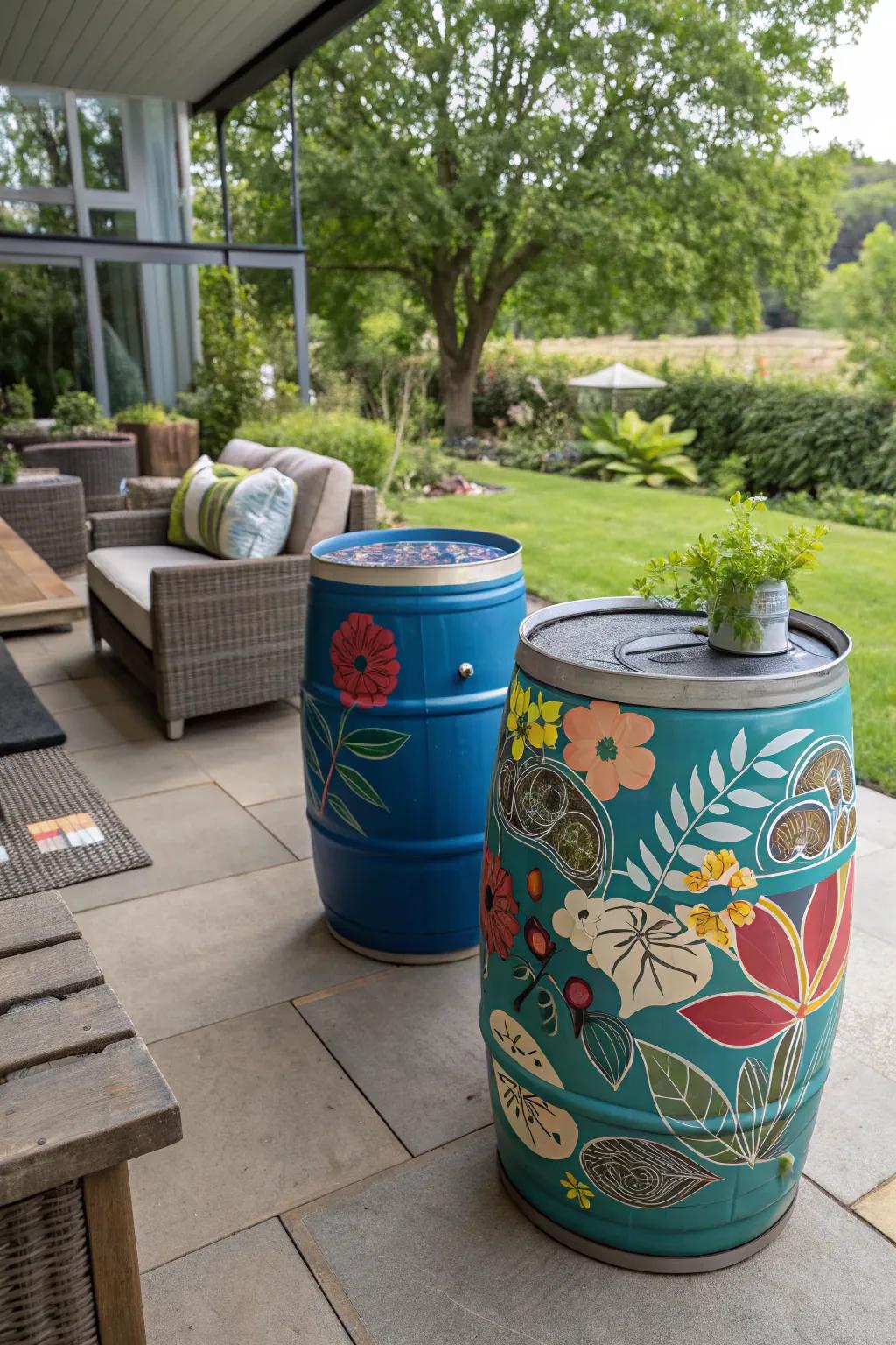 Functional art barrels on a patio