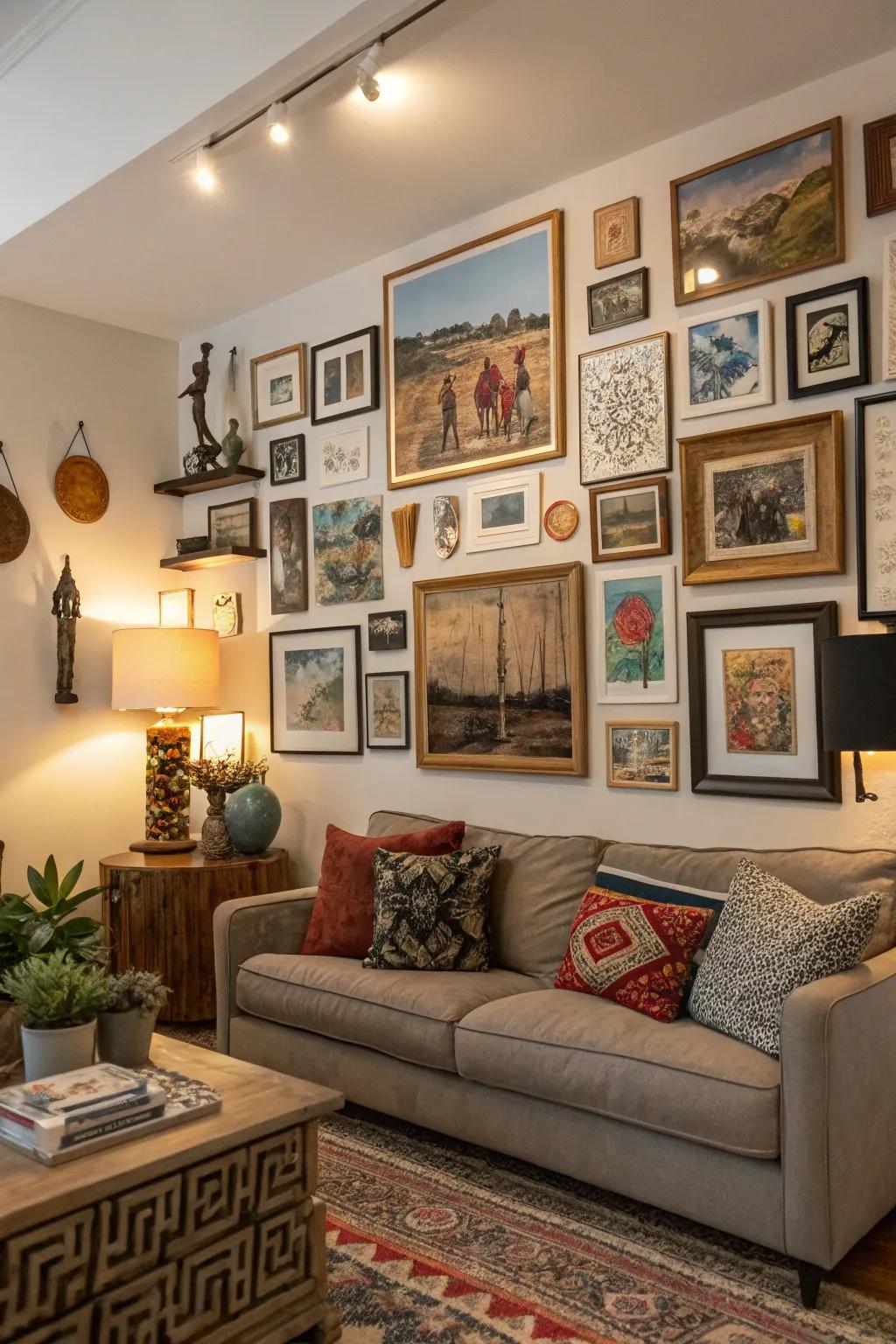 An artistic gallery wall that adds character and charm to the space.