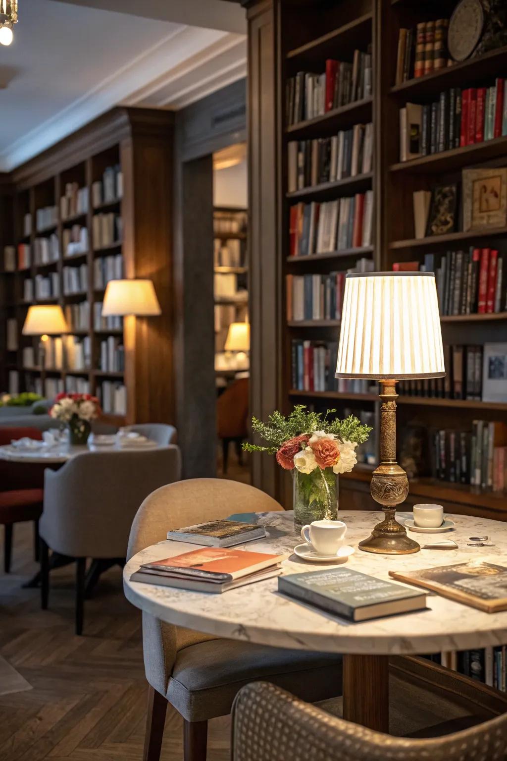 Dining in a library setting offers an intellectual ambiance.