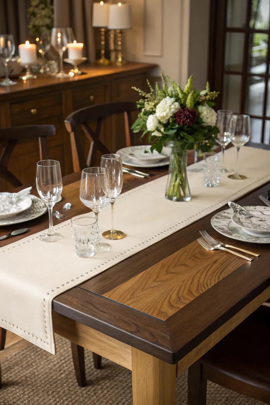 Two-tone stain highlights the table's unique design.