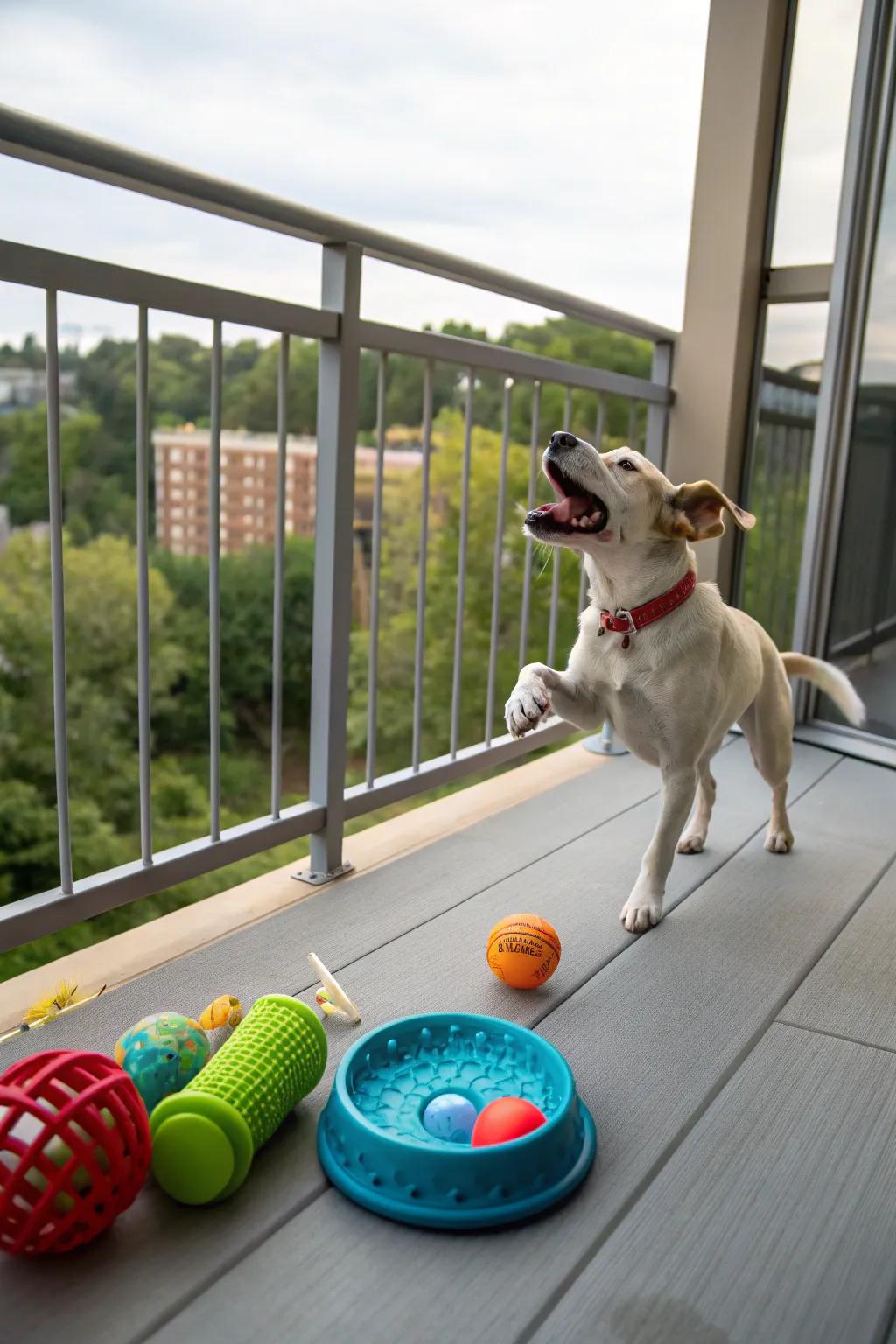 Toys and chews keep dogs entertained on the balcony.