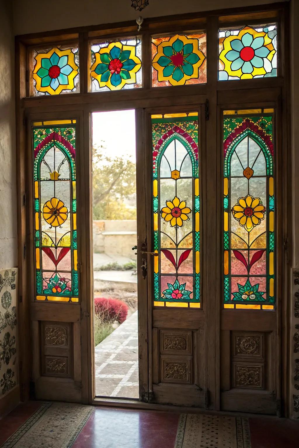 Stained glass decals add vibrant color and privacy to your door windows.