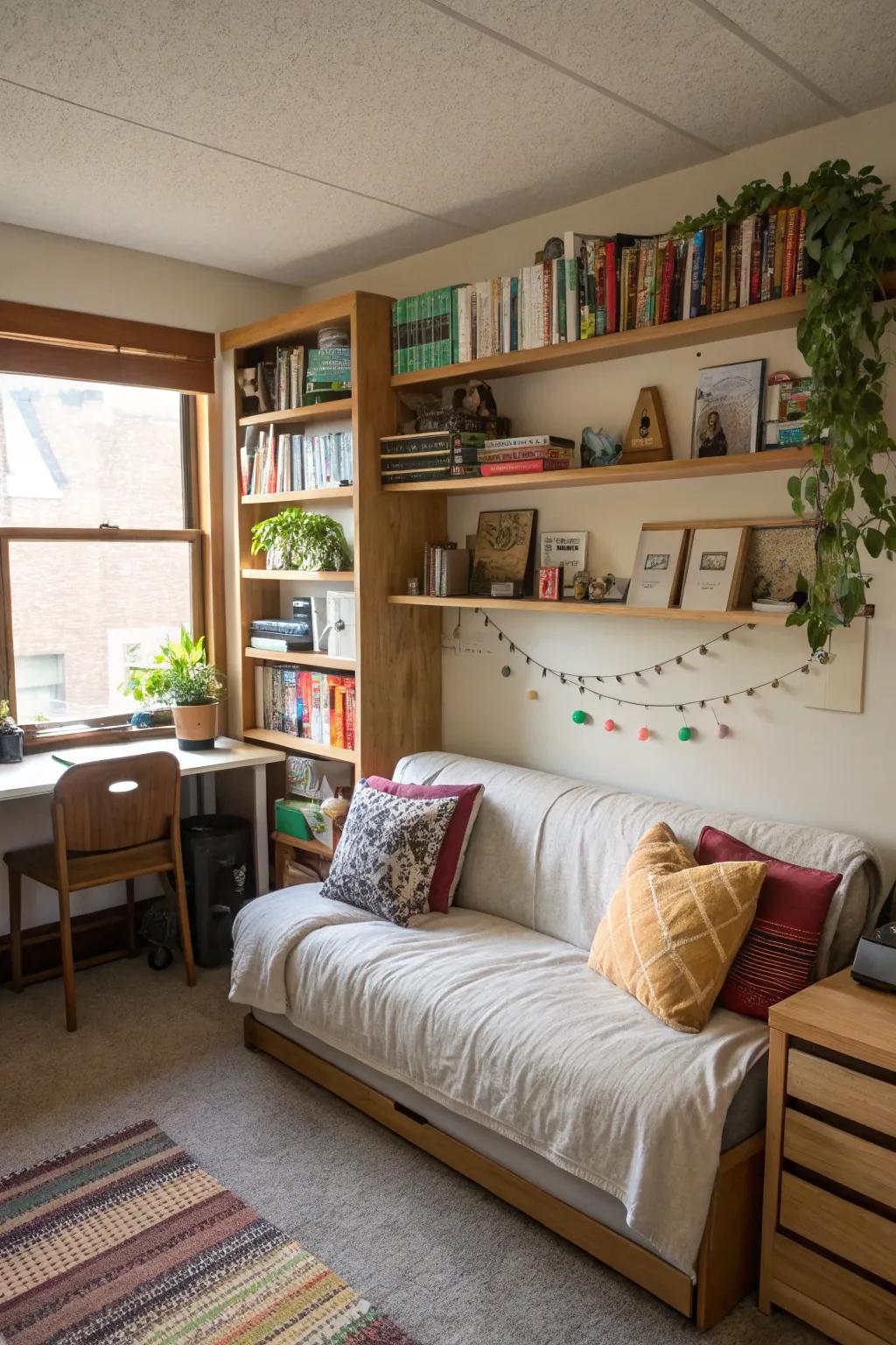 Vertical storage above a couch optimizes space in this dorm room.
