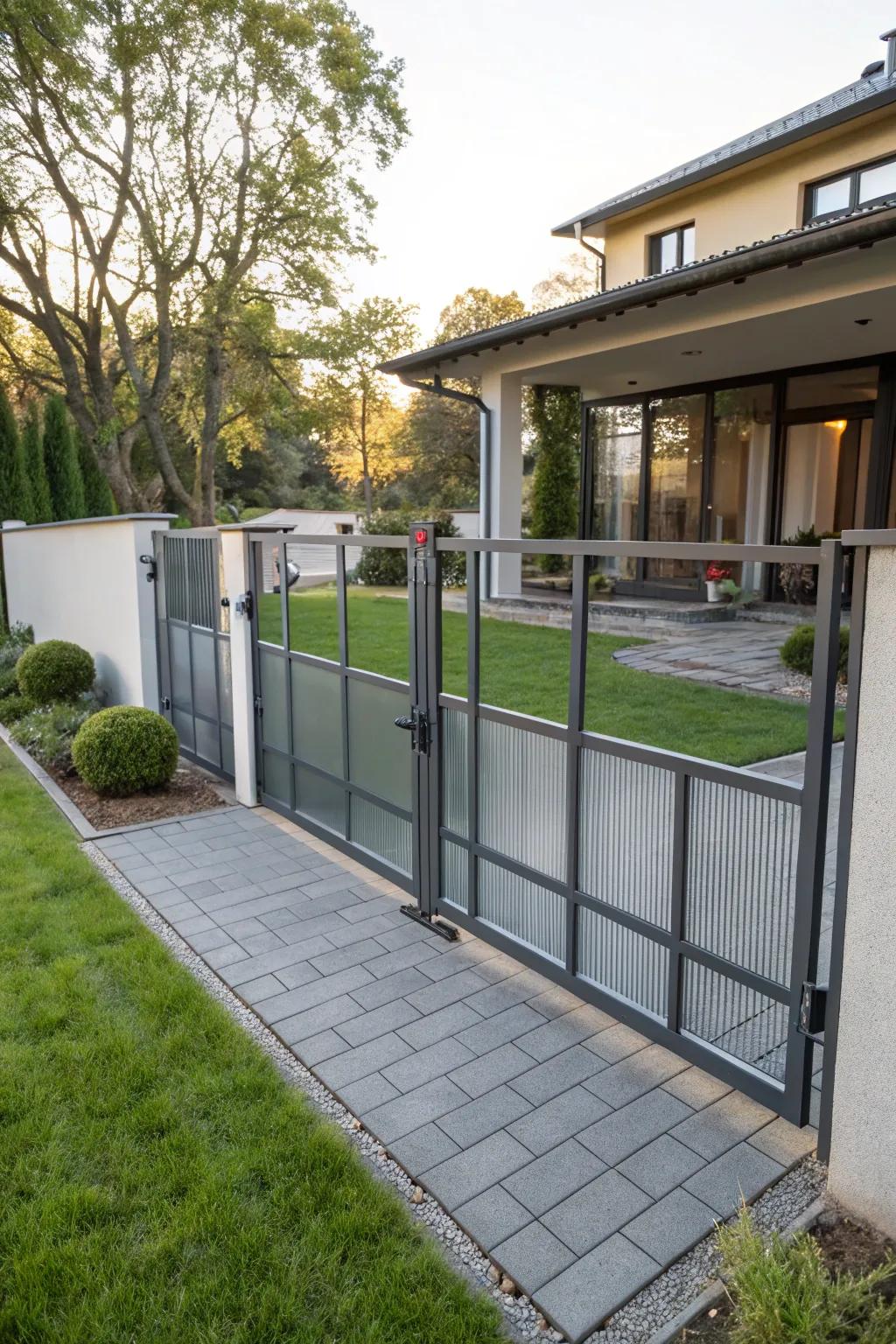 A durable composite gate blending aesthetics and functionality in a modern home.