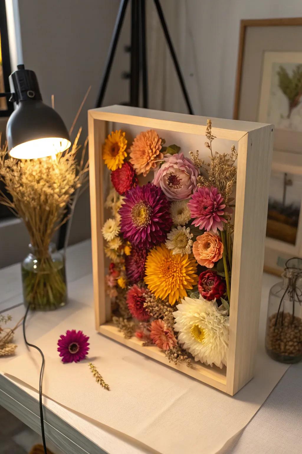 Bring nature's hues into your home with a colorful dried flower display.