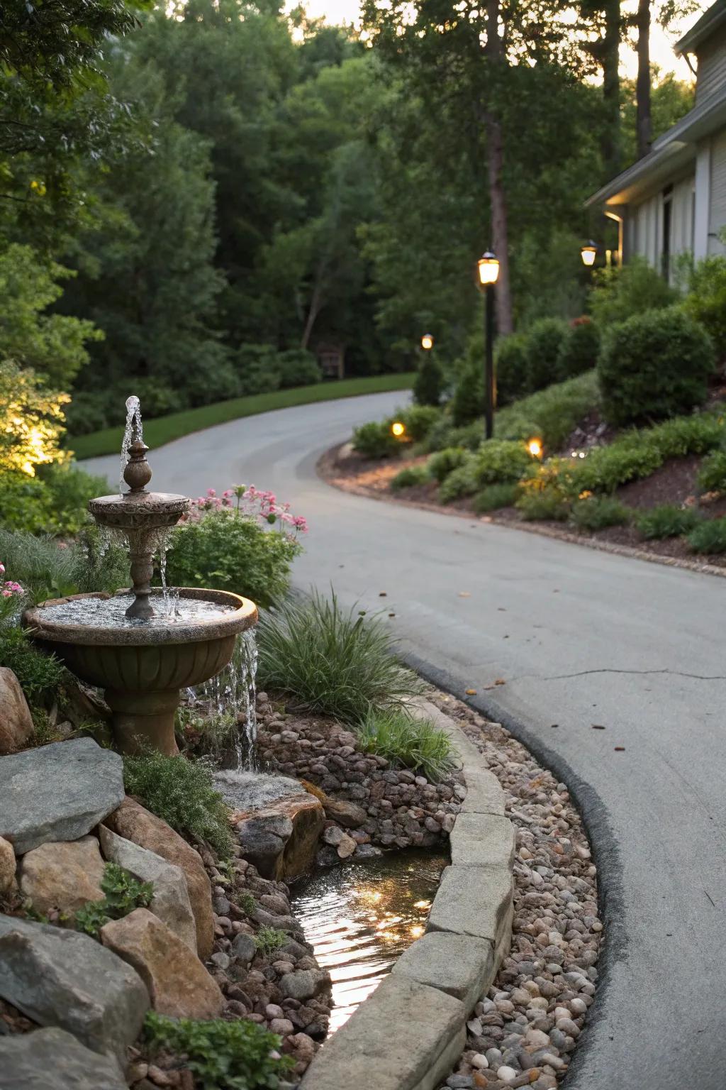 A water feature adds tranquility to this driveway.