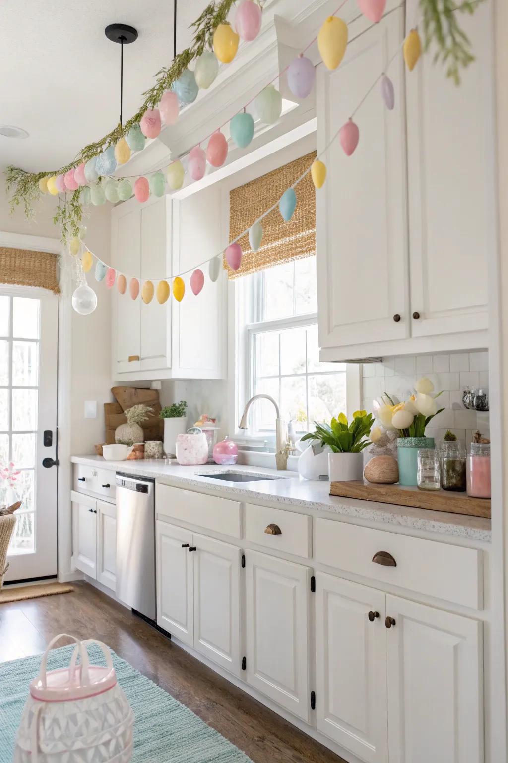 Pastel garlands add a festive touch above the kitchen cabinets.