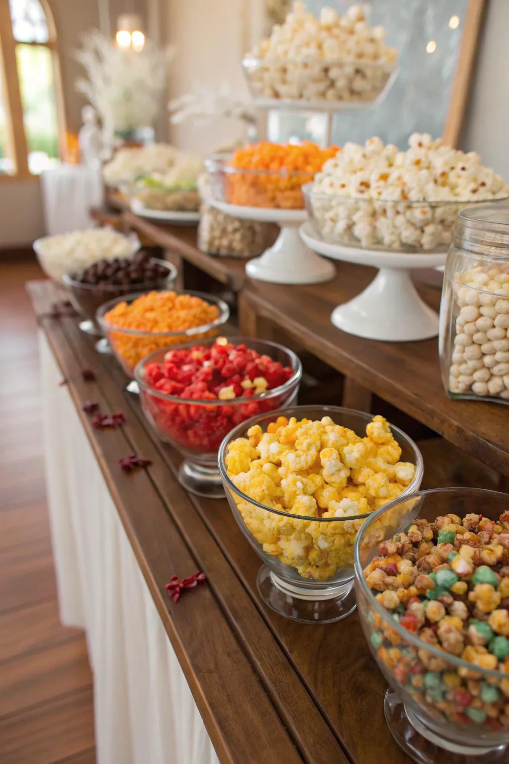 An array of popcorn toppings beautifully displayed in small glass bowls for guest customization.