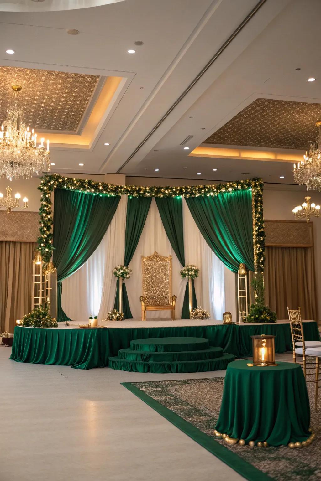 A wedding venue transformed with an emerald green theme.