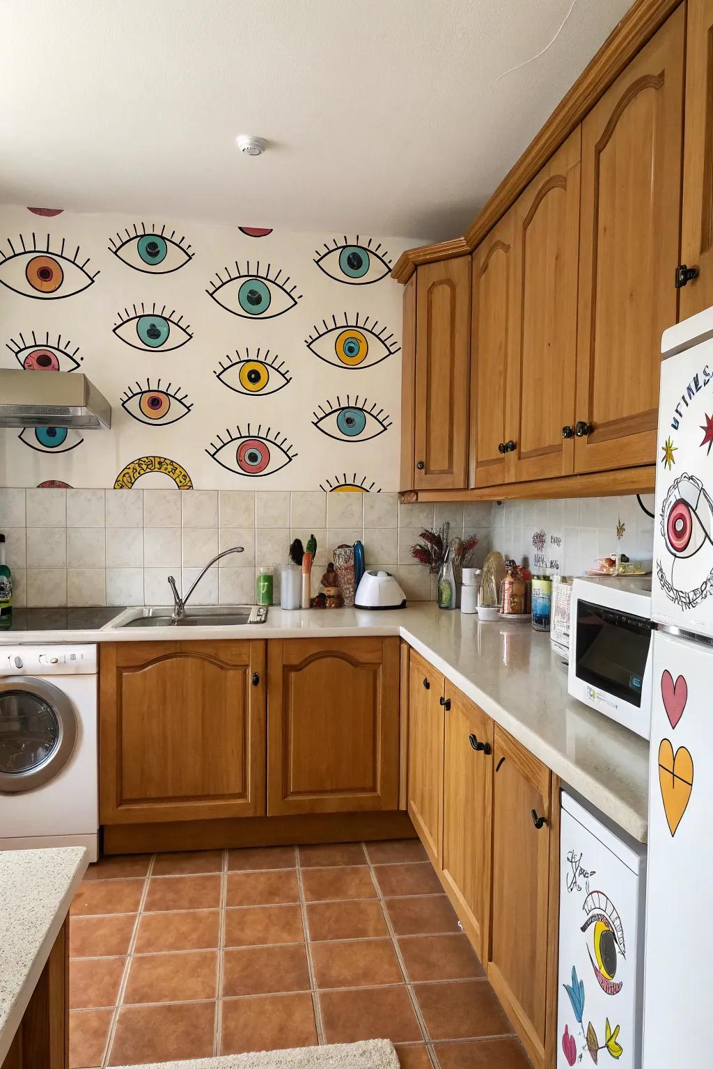 Whimsical cartoon eye decals that add charm and character to the kitchen.