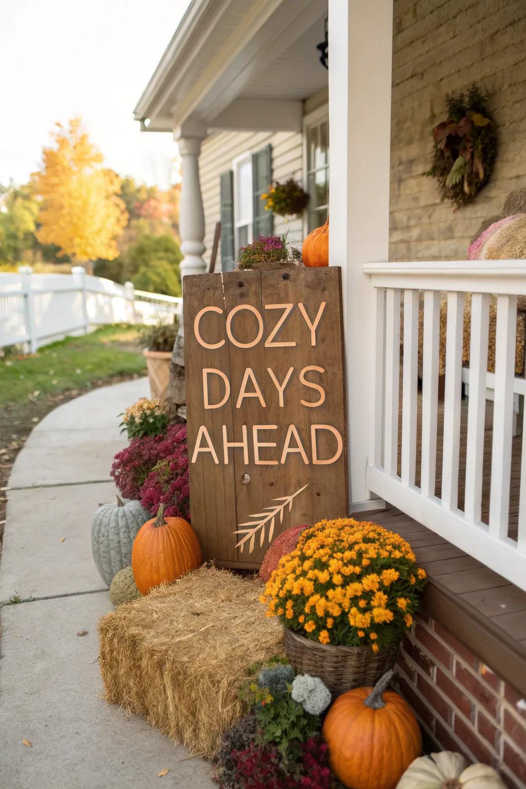 A charming fall-themed sign welcomes visitors warmly.