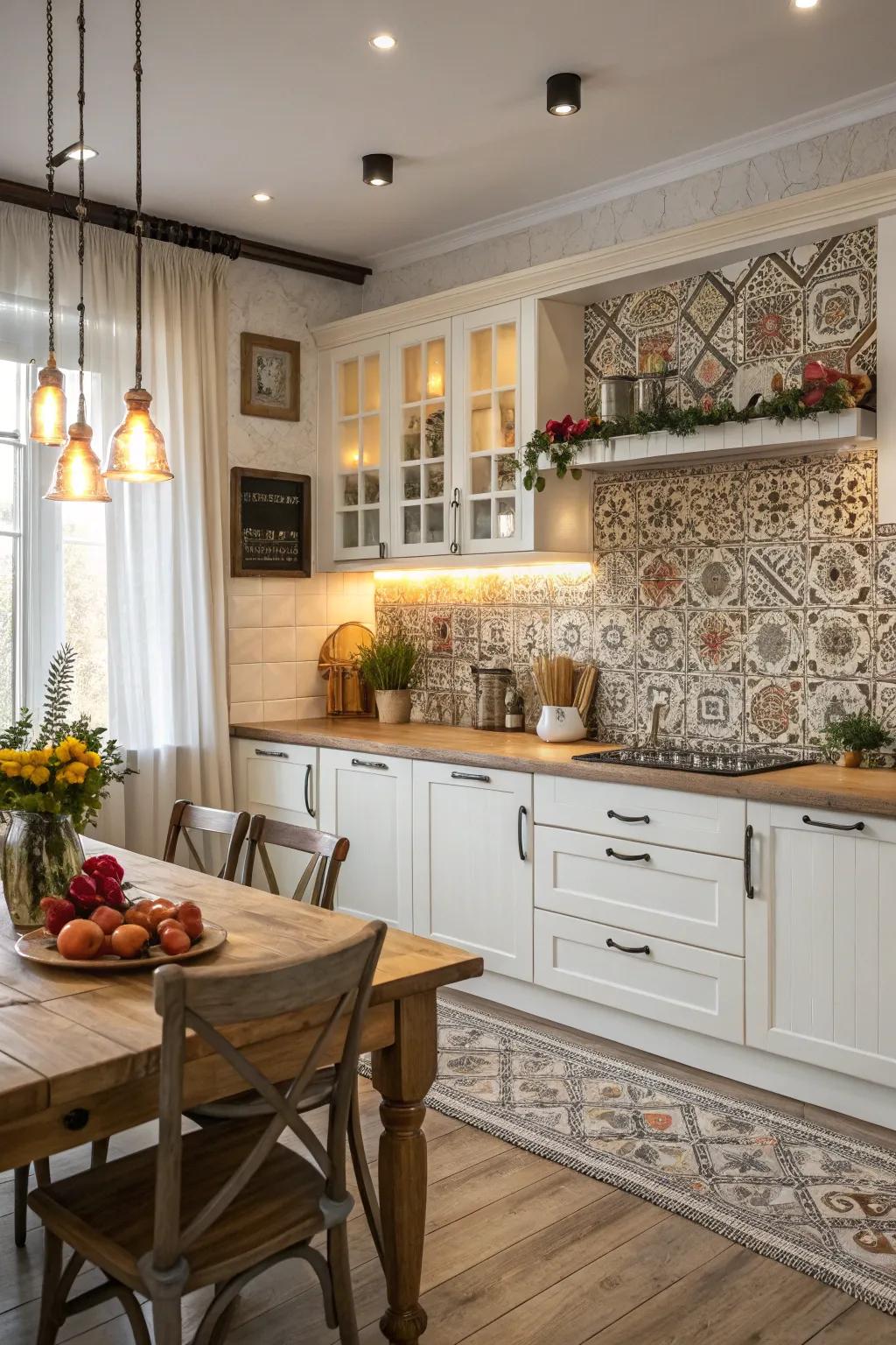 Pattern-filled pieces add a vibrant touch to this country-style kitchen that features white cabinets.